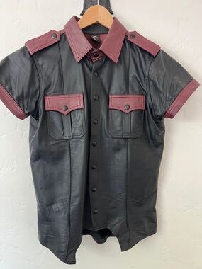 Rough Trade Custom Black Leather Short Sleeve Shirt with Burgundy Trim